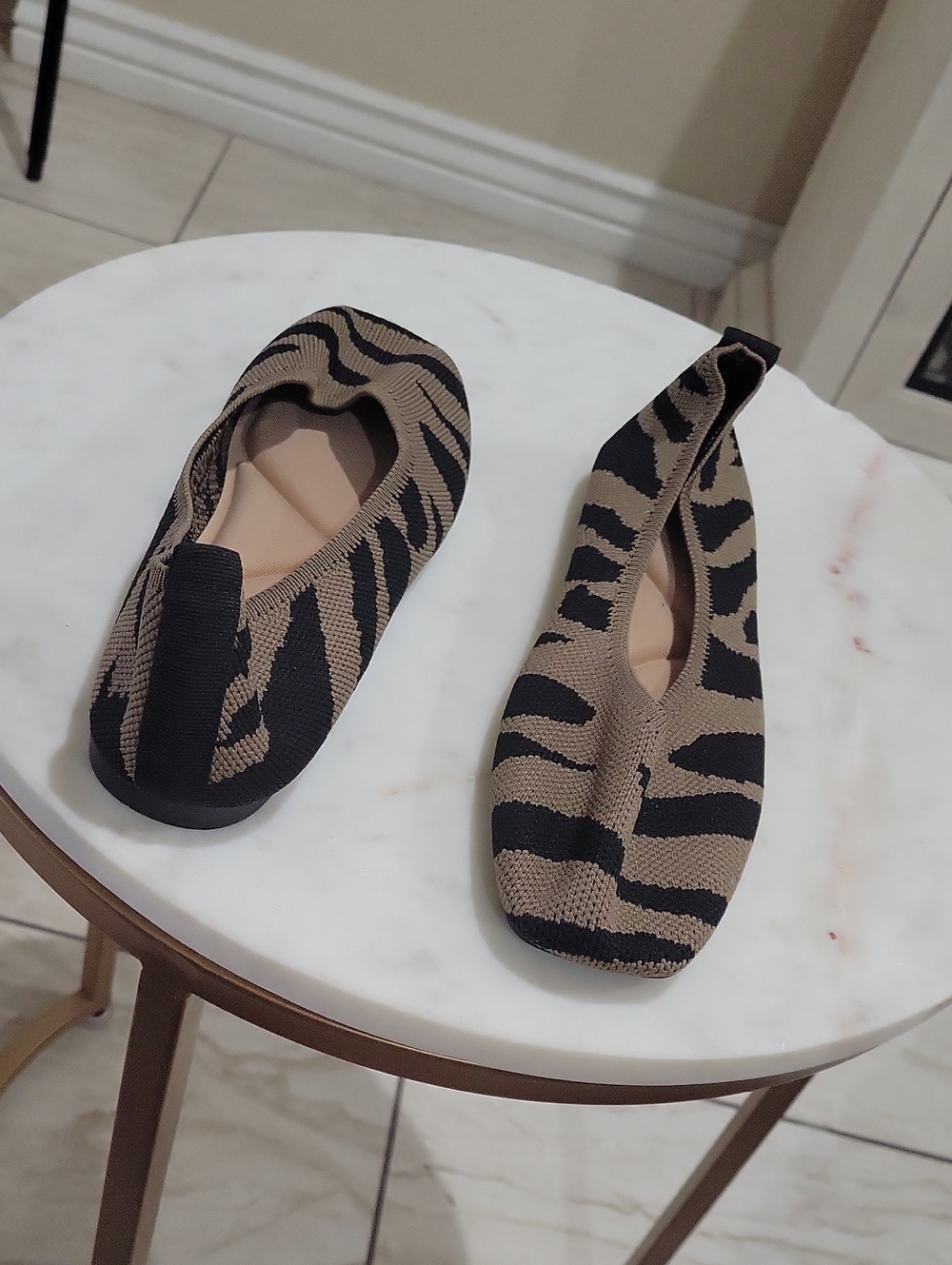 Women's Zebra-Print Knit Slip-On Flats in Tan and Black